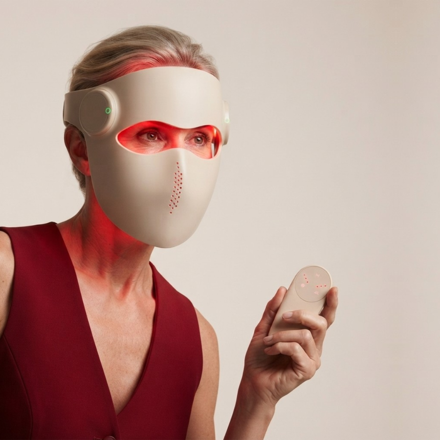 Woman holding the Red Fusion 5D Pro Mask